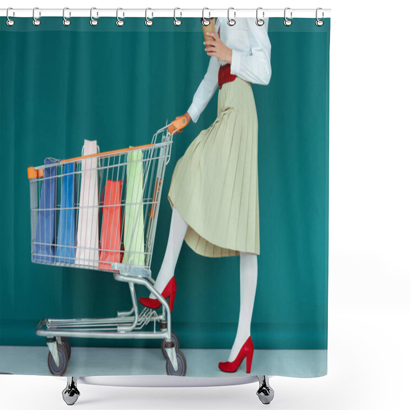 Personality  Cropped View Of Trendy Girl Holding Coffee To Go And Standing Near Shopping Cart With Shopping Bags On Blue  Shower Curtains