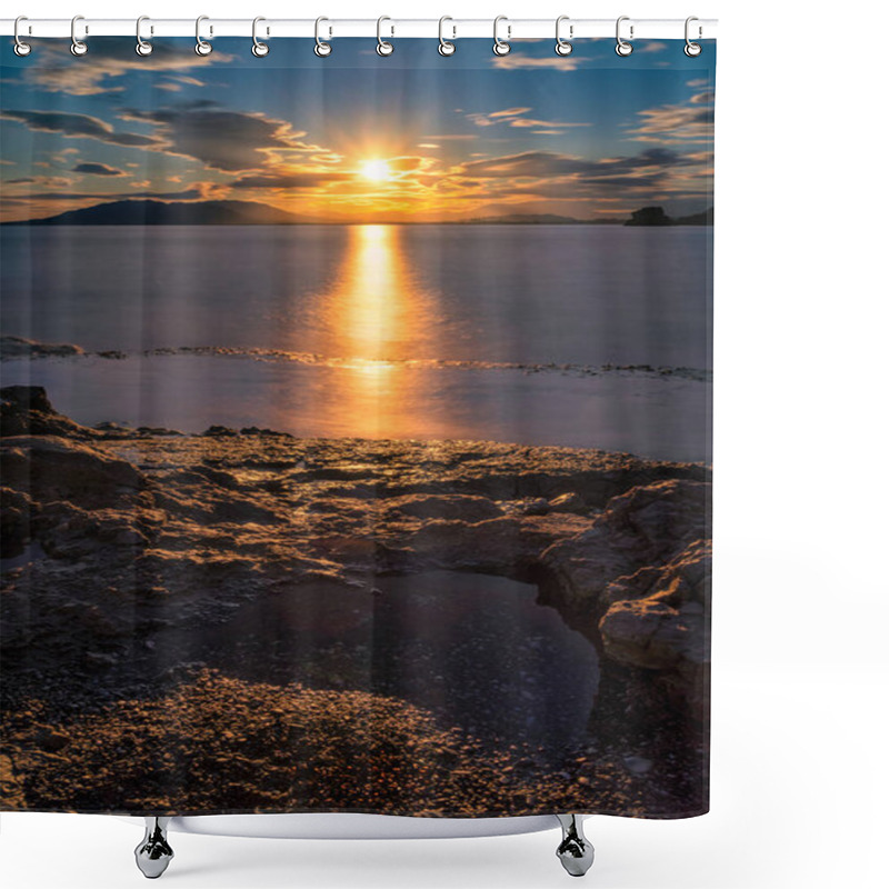 Personality  Golden Sunset Over The Malaga Coast, With Sunlight Reflecting On Calm Waters And Rocky Shore In The Foreground, Creating A Serene And Picturesque Scene. Shower Curtains