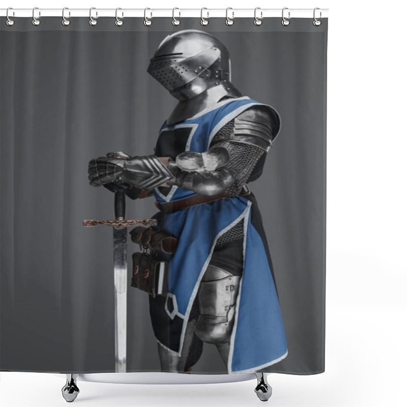 Personality  A Medieval Soldier Garbed In Blue Surcoat And Armor Holding A Sword With A Still, Statue-like Pose, Against A Gray Background Shower Curtains