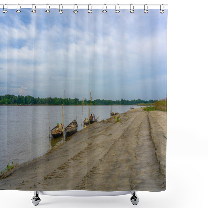 Personality  Gorai-Madhumati River. Fishing Boat In The River. A Fisherman Is Fixing The Fishing Net On The Boat. The Scene Was Captured On 24 October 2023 From Rajbari, Bangladesh. Shower Curtains