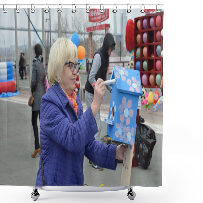 Personality  Vladivostok, Russia, May, 01, 2016. Woman  Painting A Birdhouse At The Central Square Of Vladivostok Shower Curtains