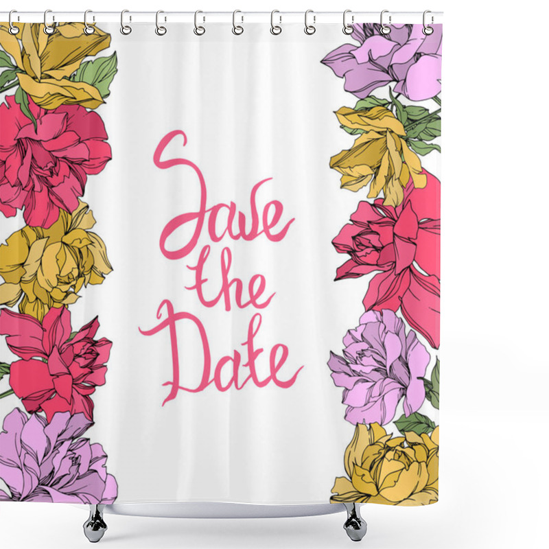 Personality  Vector Wreath Of Roses With Leaves Isolated On White With Save The Date Lettering. Engraved Ink Art. Frame Border Ornament. Shower Curtains