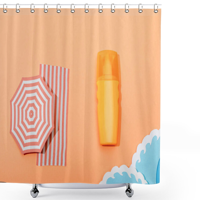 Personality  Top View Of Dispenser Bottle Of Sunscreen With Paper Cut Sea Waves On Orange Background Shower Curtains