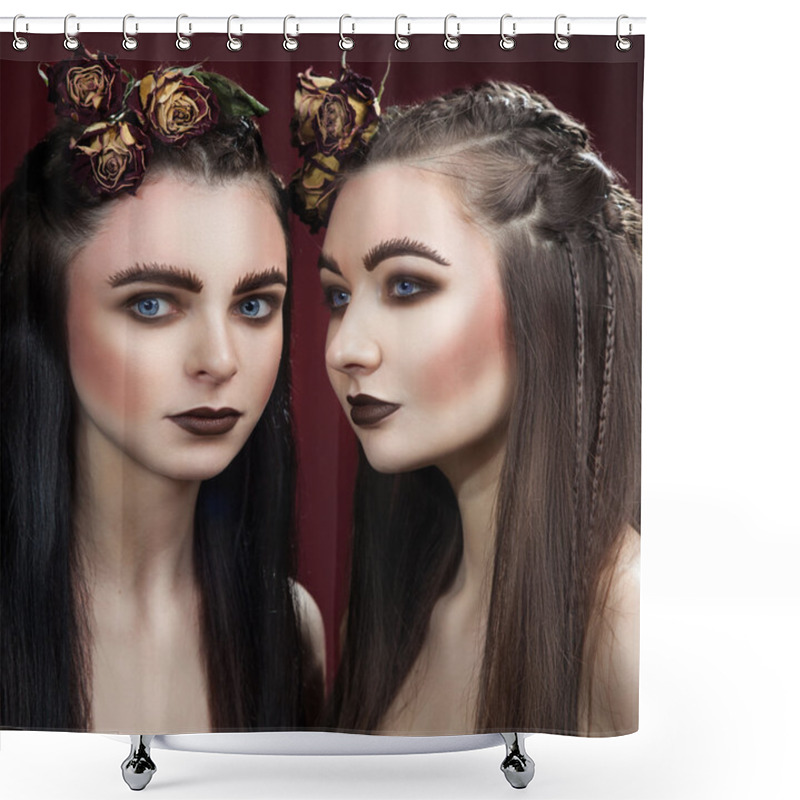 Personality  Two Beautifull Women With Art Wide Eyebrows And Brown Lipstick A Shower Curtains