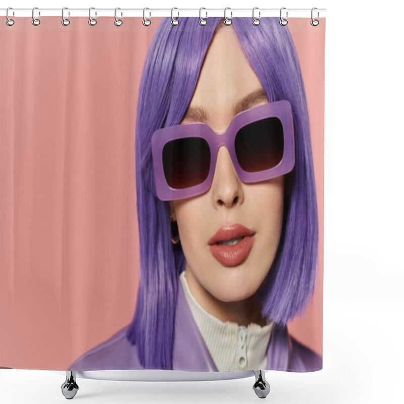 Personality  A Vibrant Stylish Woman Showcases Bold Purple Hair And Sunglasses, Embodying Confidence And Flair. Shower Curtains