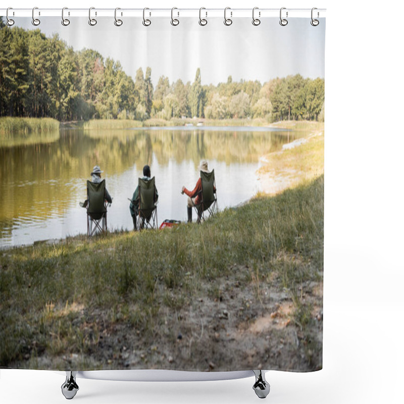 Personality  Interracial Senior Men In Fishing Outfit Sitting Near Lake In Park  Shower Curtains