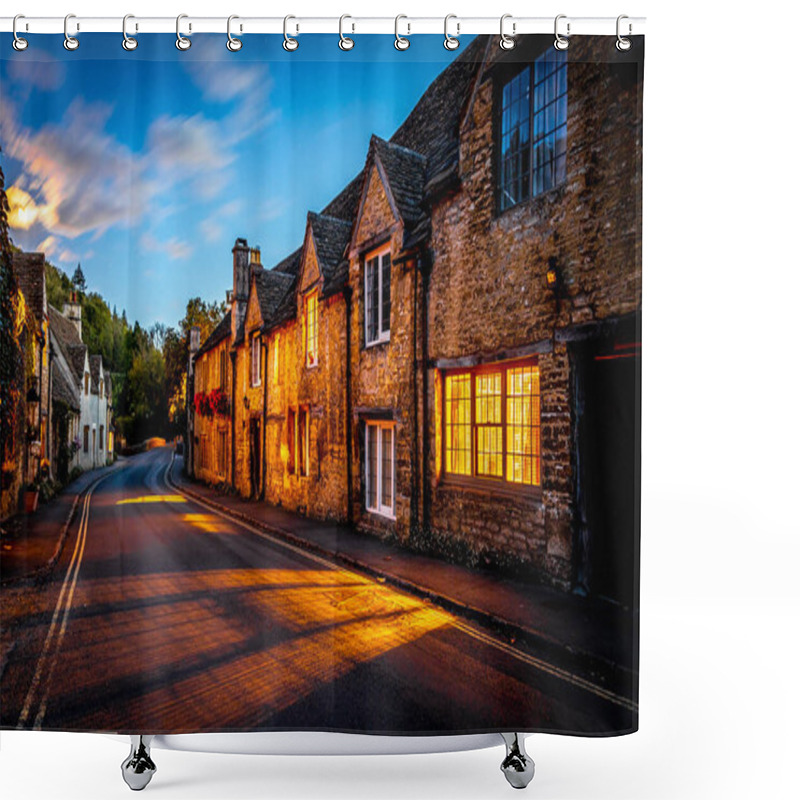 Personality  View Of Castle Combe, A Village And Civil Parish Within The Cotswolds Area Of Natural Beauty In Wiltshire, England Shower Curtains