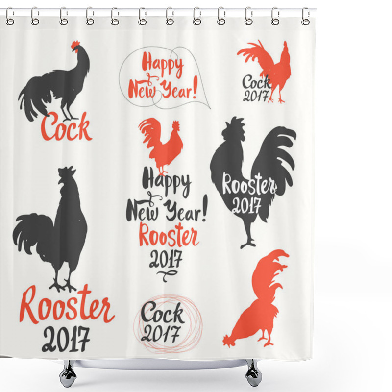 Personality  Set Of Funny Labels With Silhouette  Cock In Different Poses On A White Background. Sketch Style. Vector Illustration  Roosters. Brush Drawings. Shower Curtains