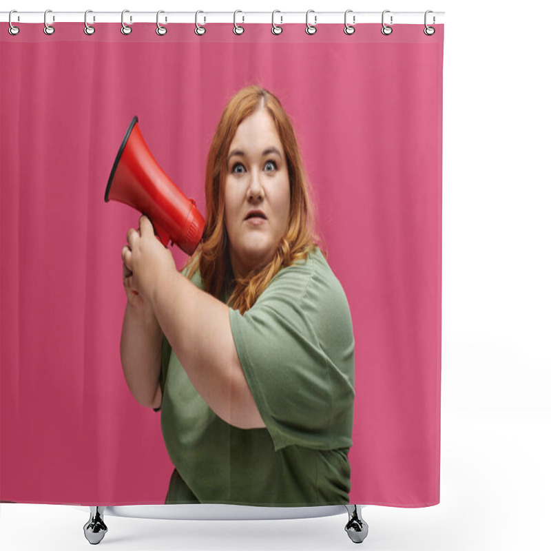 Personality  A Plus Size Woman With Reddish Hair Stares Intently While Shouting Through A Red Megaphone. Shower Curtains