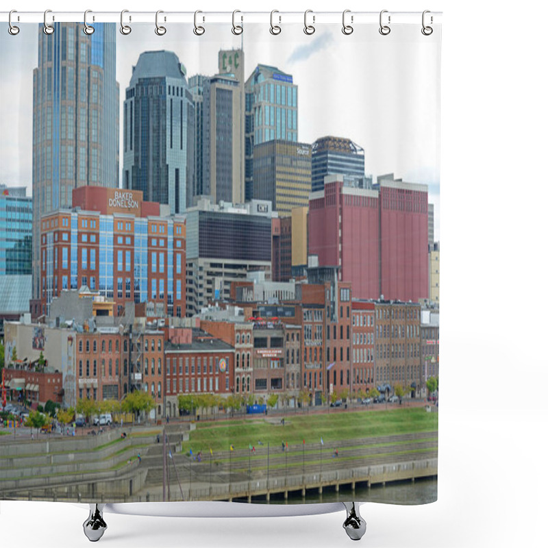 Personality  Historic 1st Avenue At The Riverfront Of Cumberland River In Downtown Nashville, Tennessee, USA. Shower Curtains