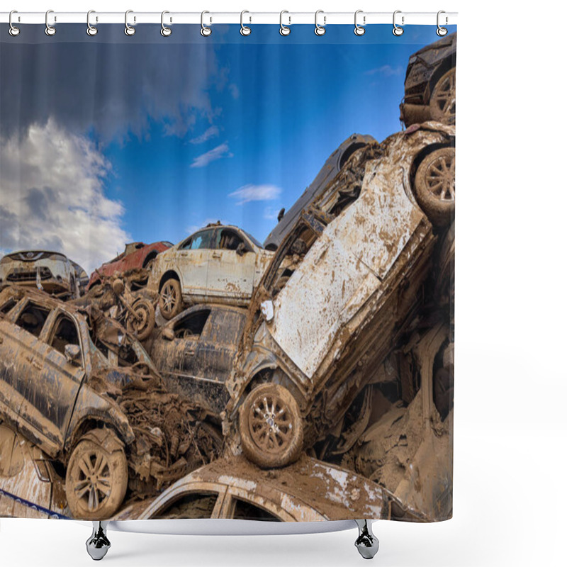 Personality  CATARROJA, VALENCIA SPAIN - DECEMBER 4 2024: After The Dana Floods In Valencia Province On October 29th 2024 Left Massive Wrecked Cars, Impacting Countless Families, Claiming Over 200 Human Lives. Shower Curtains