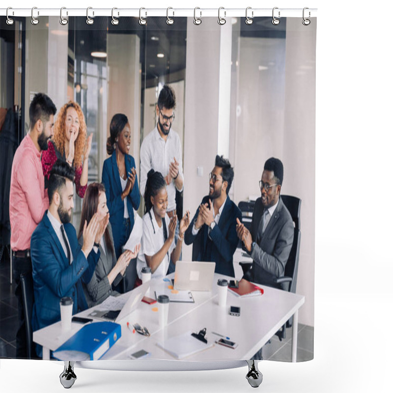 Personality  Young Multi-ethnic Work Team Exchanges Ideas Gathering Around Laptop Computers Shower Curtains