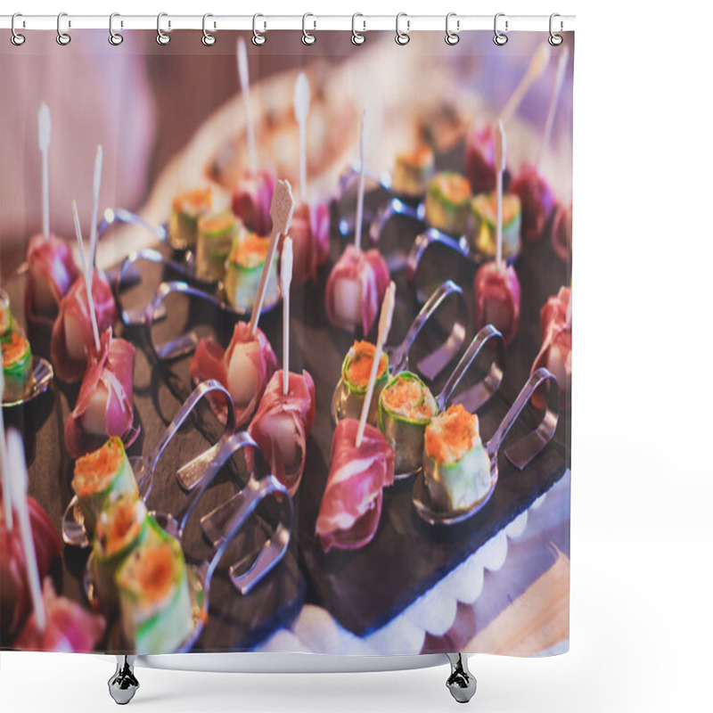 Personality  Beautifully Decorated Catering Banquet Prepared Table With Different Food Snacks And Appetizers With Sandwich, Caviar, Fresh Fruits On Corporate Christmas Birthday Party Event Or Wedding Celebration Shower Curtains