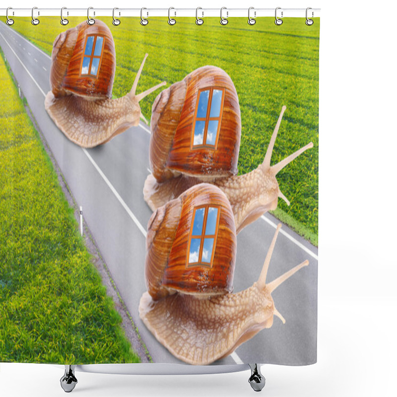 Personality  Funny Picture Of A Snails With Mobile Home On The Road. Easy Travel Metaphor. Shower Curtains