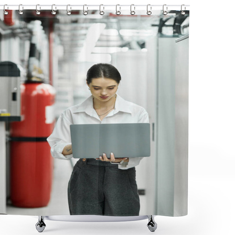 Personality  Focused Woman In A White Shirt Operates A Laptop In A Busy Data Center, Ensuring Smooth Operations. Shower Curtains