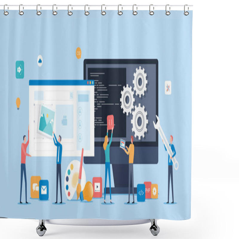 Personality  Web Design And Mobile Application Design Process Concept With Designer And Developer Team Working Concept Shower Curtains