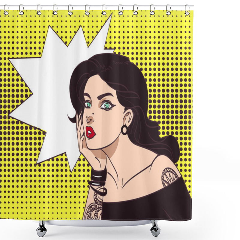 Personality  Vector Beautiful Gothic Punk Hipster Girl In Pop Art Style With Tatoo And Speech Wow Bubble. Eps 10 In Many Layers For Your Need Shower Curtains