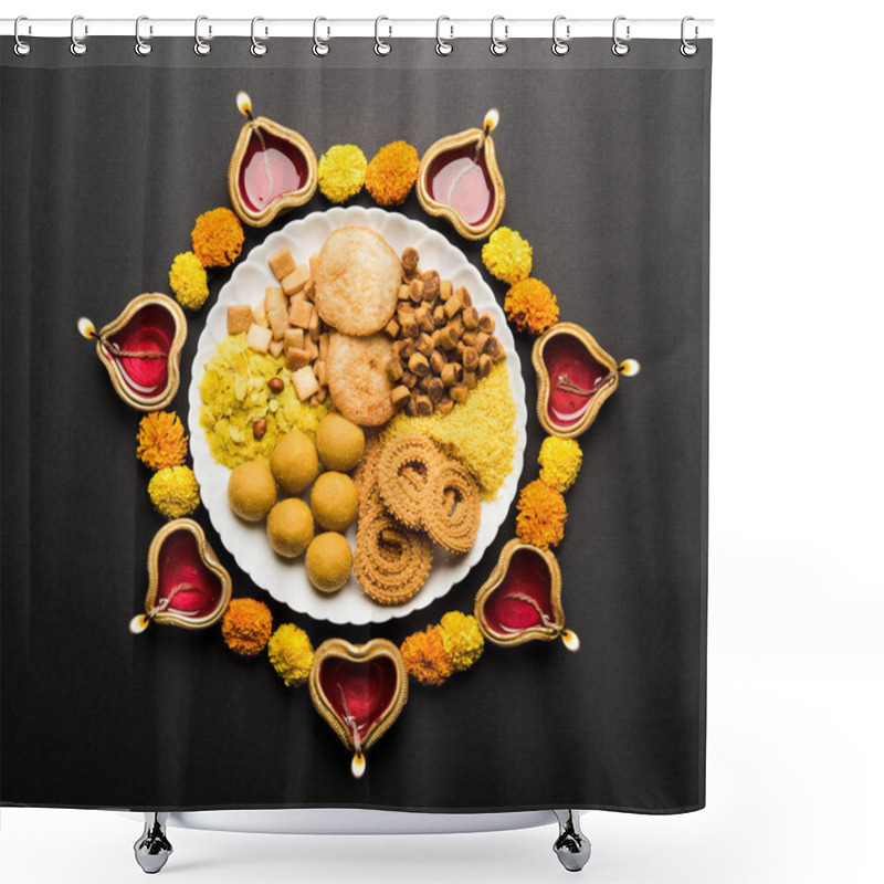 Personality  Happy Diwali Greeting Card Made Using Sweets, Or Fire Crackers Or Diya Or Flowers, Selective Focus Shower Curtains