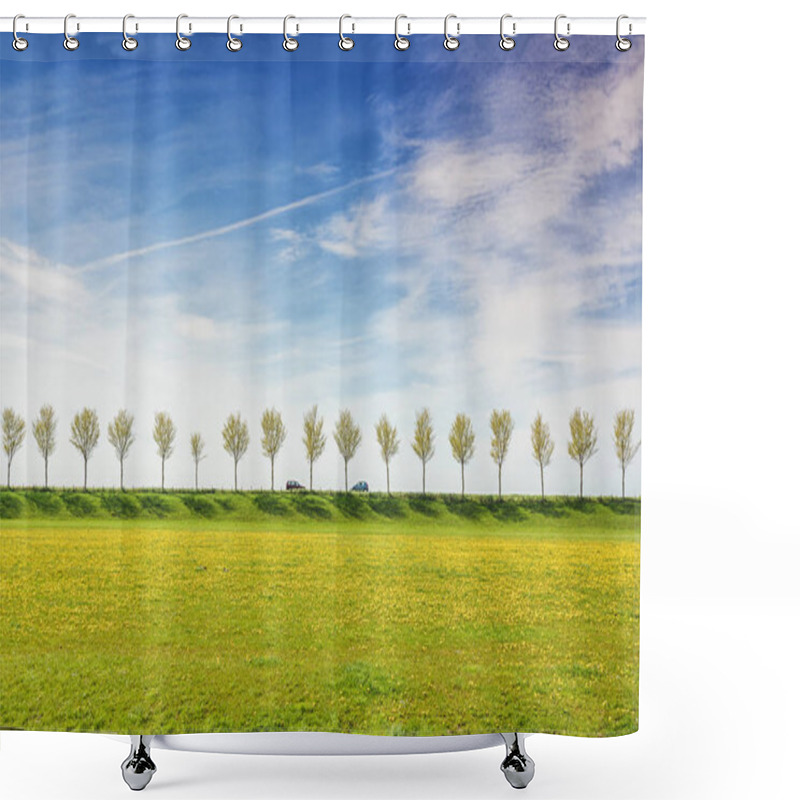 Personality  Two Oncoming Cars On A Dike With A Row Of Trees In The Beemster Polder Shower Curtains