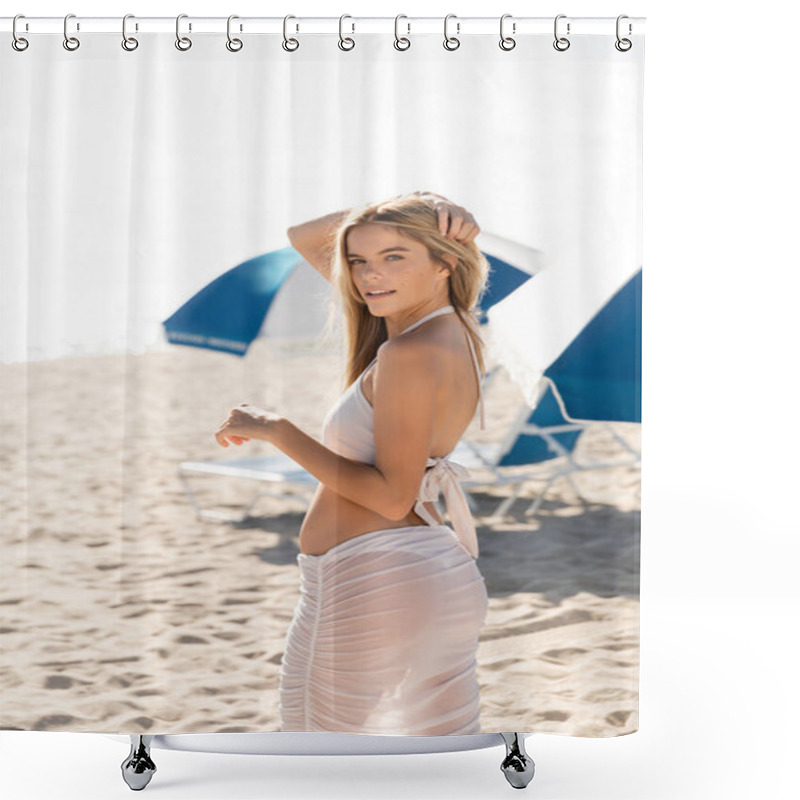 Personality  A Young, Beautiful Blonde Woman Stands Gracefully On Top Of A Sandy Miami Beach. Shower Curtains