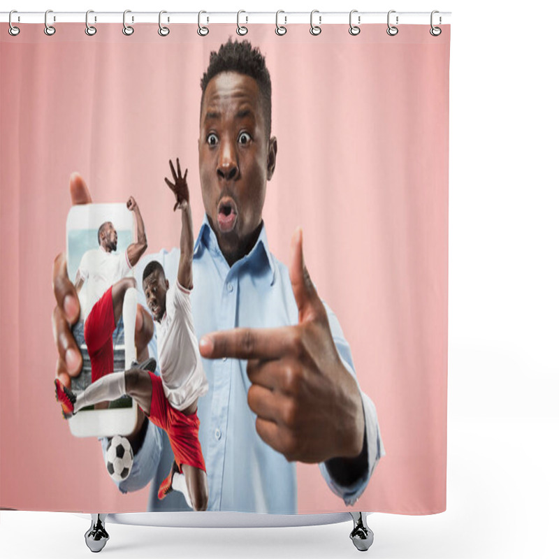 Personality  Young Man Showing Screen Of Mobile Phone Isolated Over Coral Background Shower Curtains