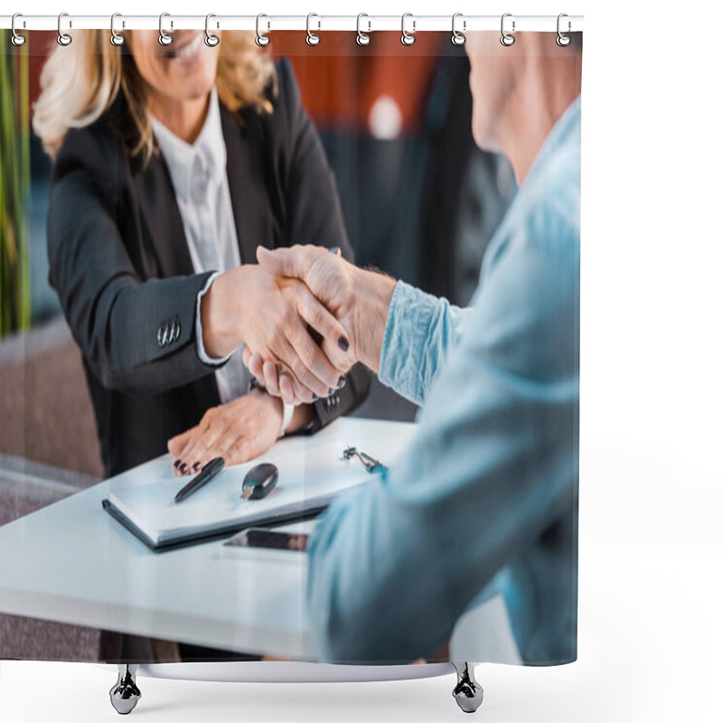 Personality  Cropped Shot Of Adult Customer And Female Car Dealer Shaking Hands In Showroom Shower Curtains