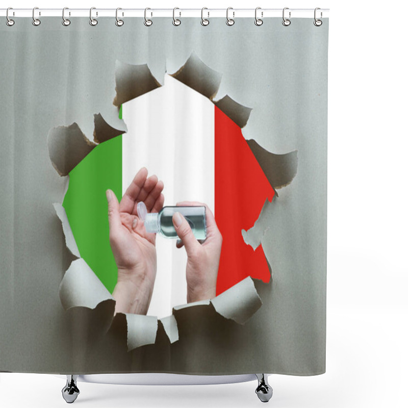 Personality  Italy Fights Against Coronavirus. Hand Hygiene With Disinfection Gel In Paper Hole With Italian Flag As Background. Hygiene Measures To Prevent Public Health Threat From Viral Pneumonia Covid-19. Shower Curtains