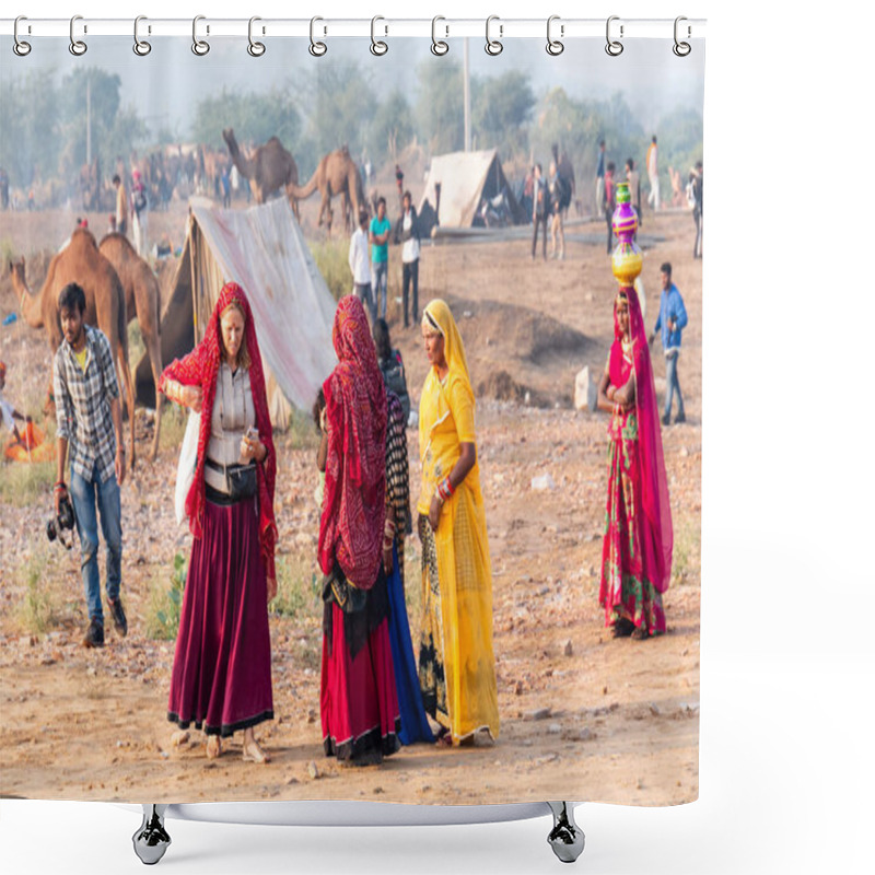 Personality  Pushkar, Rajasthan / India - November 2019 : Portrait Of Young Indian Woman In Traditional Rajasthani Dressing  With Makeup To Attract Tourist In The Fair Ground Shower Curtains