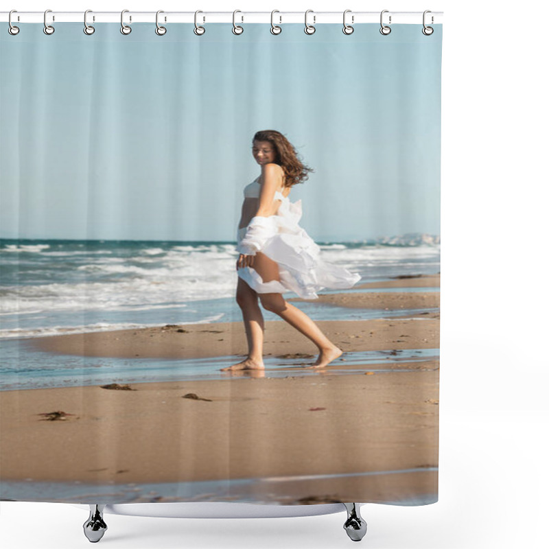 Personality  Full Length Of Barefoot Woman In White Shirt And Swimwear Standing Near Ocean On Wet Sand Shower Curtains