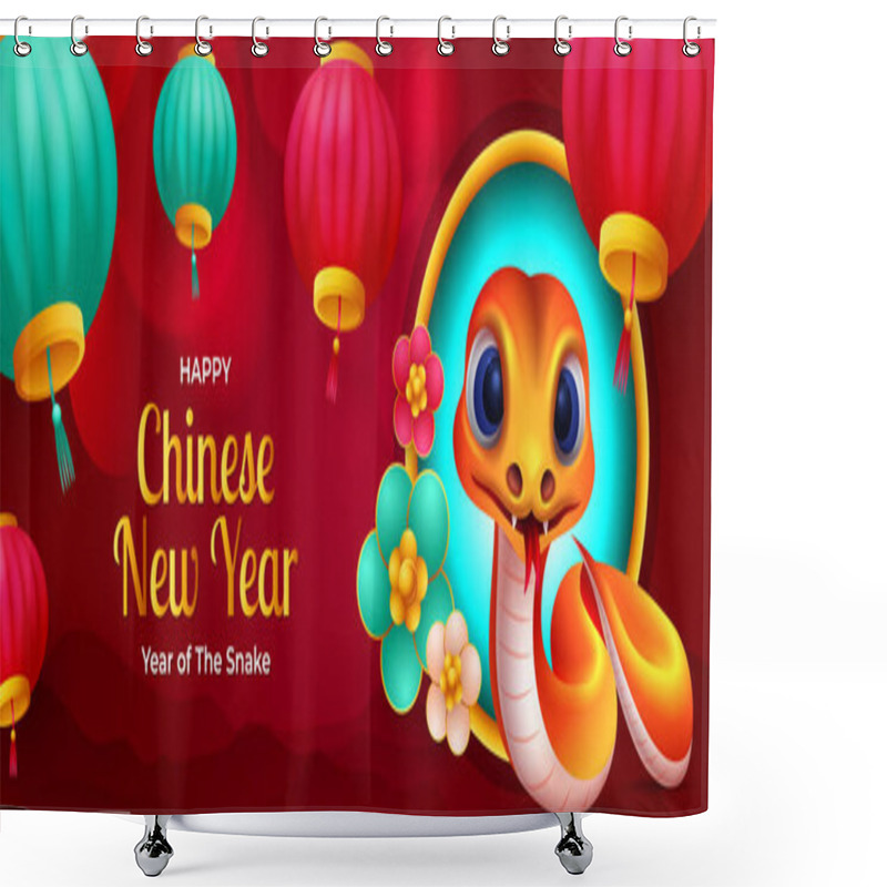 Personality  Happy Chinese New Year 2025, Cute Cartoon Snake With Hanging Lantern Decoration  Shower Curtains