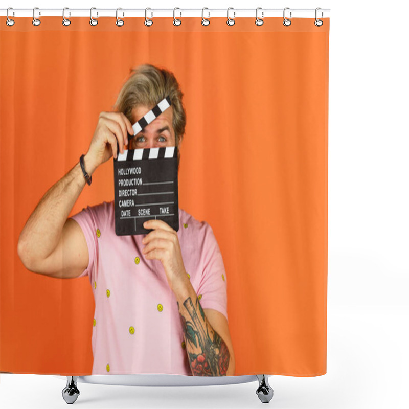 Personality  Actor Casting. Shooting Scene. Favorite Series. Cinema Production. Creative Producer. Bearded Man Hold Movie Clapper. Film Maker. Clapperboard Copy Space. Comedy Or Drama. Watch Movie. Film Director Shower Curtains