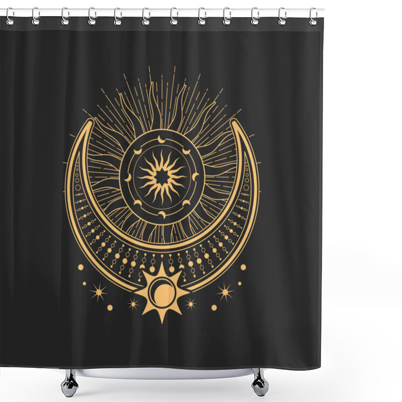 Personality  Crescent And Moon Esoteric Occult Symbols, Magic Tarot Sign. Occultism, Alchemy And Astrology Sacred Religion Mystic Emblem. Vector Wiccan Amulet With Sun, Stars And Moon With Radiant Rays Shower Curtains