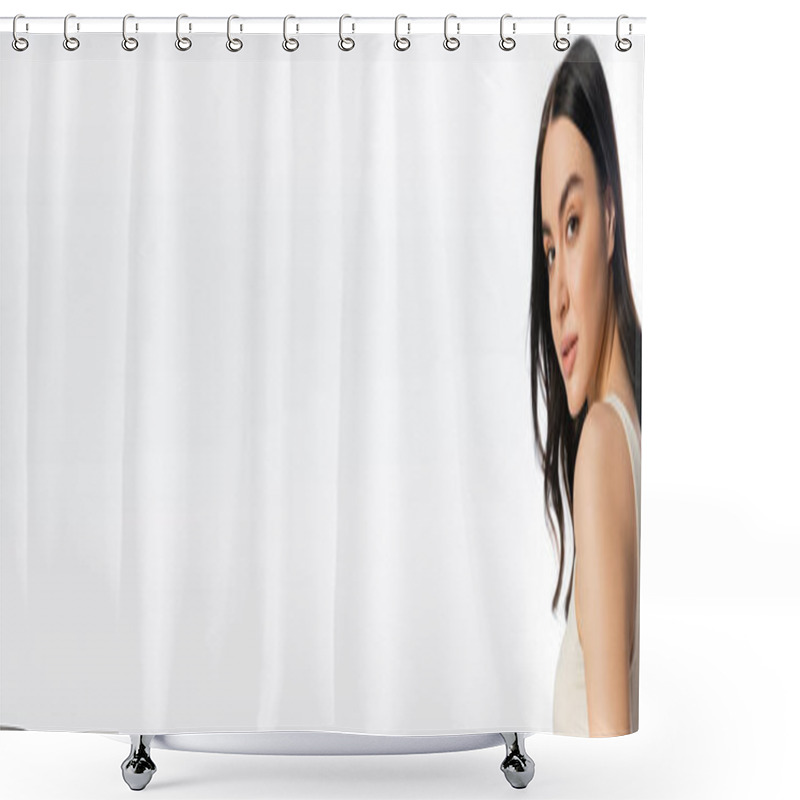 Personality  Portrait Of Gorgeous And Young Model With Shiny Brunette Hair, Natural Beauty And Flawless Makeup Looking At Camera While Posing In Tank Top Isolated On White Background, Banner  Shower Curtains