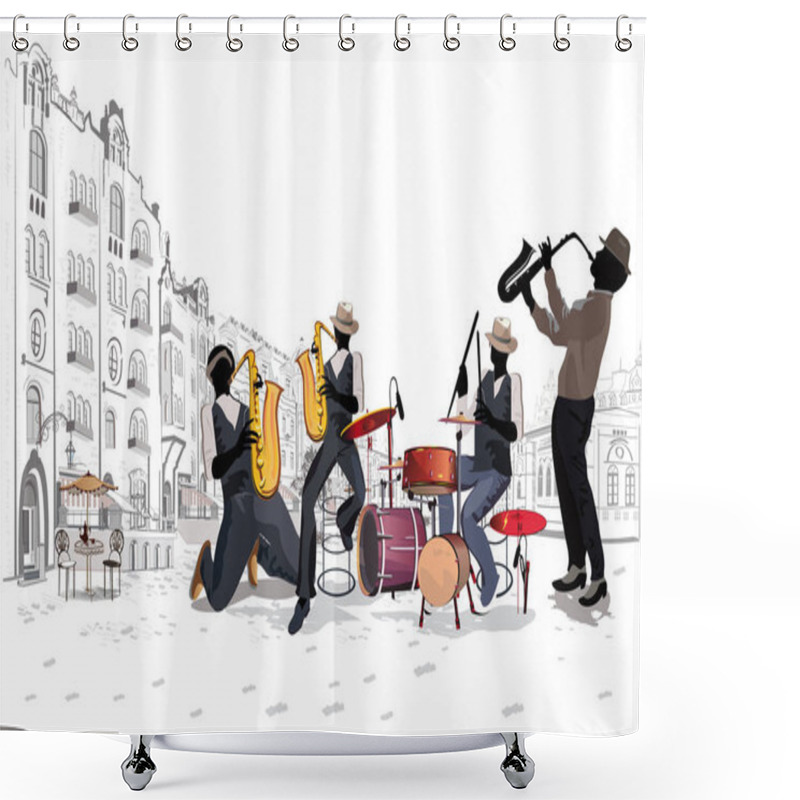 Personality   Musicians At The Party. Jazz Band. Hand Drawn Vector Illustration. Shower Curtains