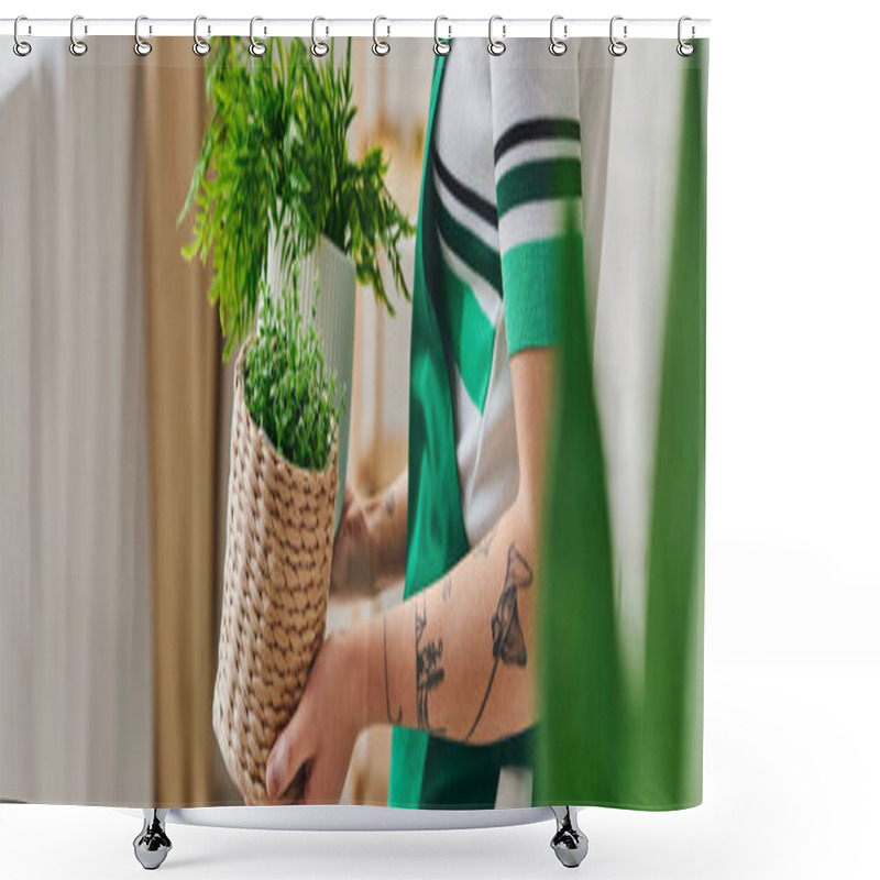 Personality  Indoor Gardening, Partial View Of Young And Tattooed Woman In Apron Holding Flowerpots With Green Decorative Plants In Modern Apartment, Sustainable Home Decor And Green Living Concept, Banner Shower Curtains