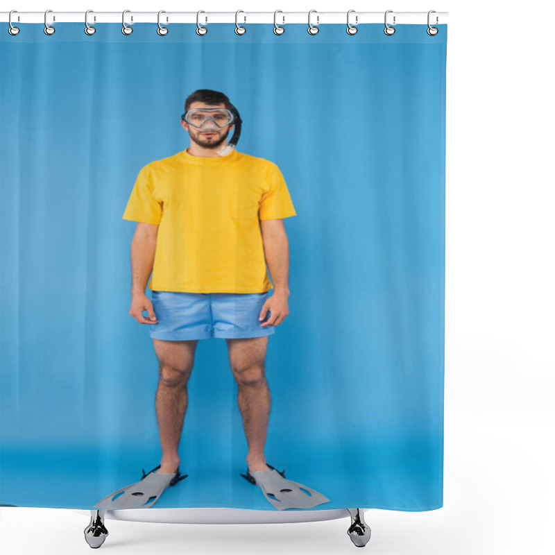 Personality  Man In Shimming Goggles And Flippers Looking At Camera On Blue Background  Shower Curtains