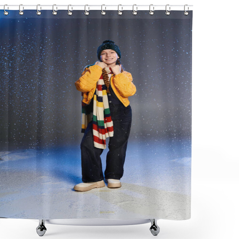 Personality  A Girl Dressed In Warm Winter Clothing Shines With Joy While Snowfall Dances Around Them. Shower Curtains