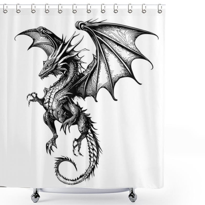 Personality  Dragon Flying Attacking Mystical Sketch Drawn In Doodle Style Illustration Shower Curtains