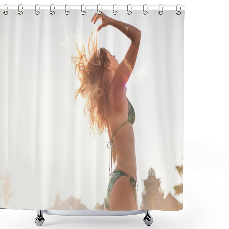 Personality  Side View Of Beautiful Young Woman In Bikini Playing With Hair With Sunlight On Background Shower Curtains