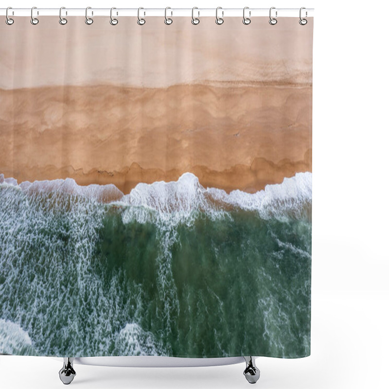 Personality  Top Down Drone View Of Whitecapped Waves Crashing On An Empty Golden Sand Beach Shower Curtains