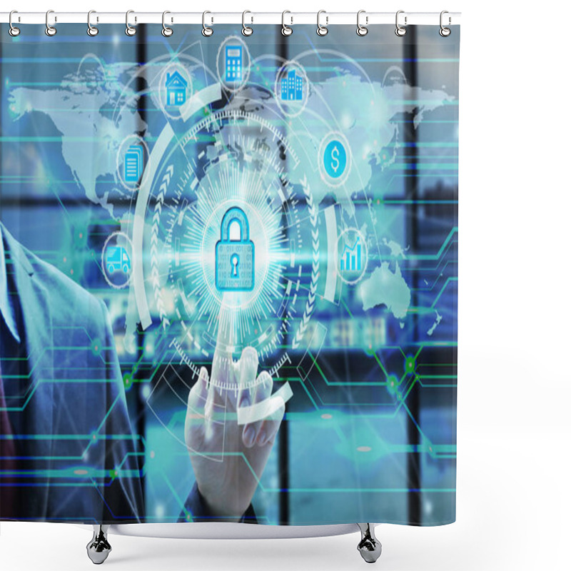 Personality  Businessman Touch Network Using Padlock Icon Technology With Virtual Screen Icons, Business Technology Privacy Concept, Internet Concept Of Global Business Shower Curtains