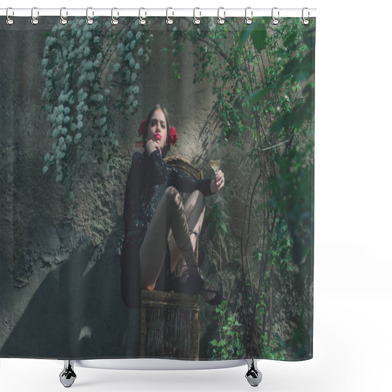 Personality  Girl With Red Lips Sitting With Wine Glass Shower Curtains