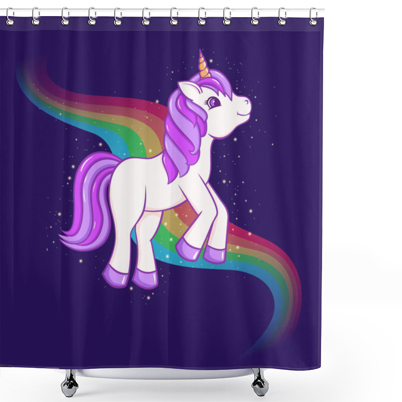 Personality  Cute Cartoon Unicorn With Rainbow On Background. Vector Illustration Shower Curtains