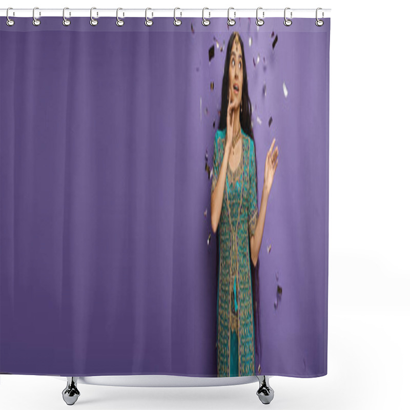 Personality  Surprised Young Indian Woman Under Confetti Rain On Purple Backdrop With Hand Near Face, Banner Shower Curtains