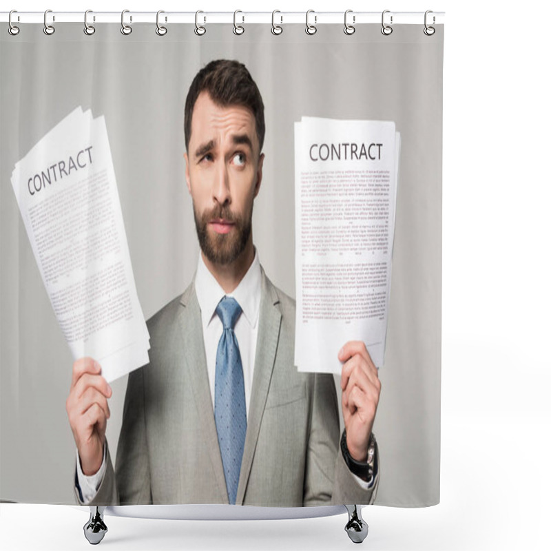 Personality  Skeptical Businessman Holding Contracts And Looking Away Isolated On Grey Shower Curtains