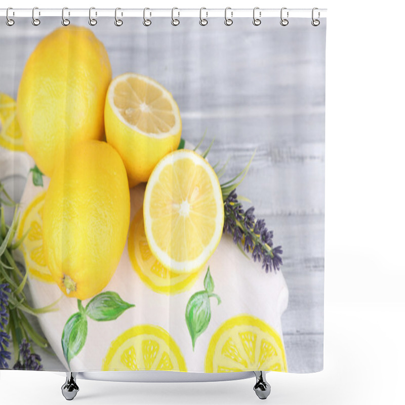 Personality  Still Life With Fresh Lemons And Lavender On Wooden Table Shower Curtains