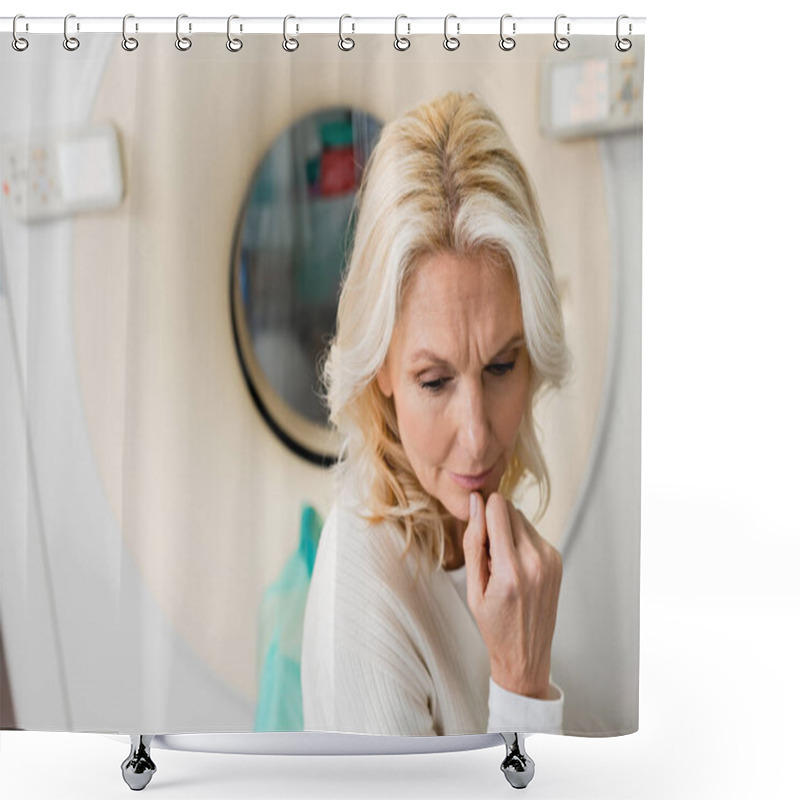 Personality  Nervous Middle Aged Woman Holding Hand Near Face Near Ct Scanner On Blurred Background Shower Curtains