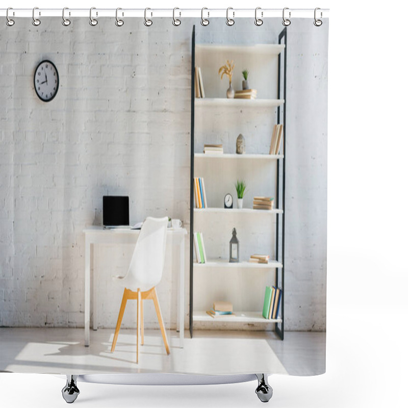 Personality  Home Office With Book Shelf, Clock, Chair And Laptop On Table In Sunlight Shower Curtains