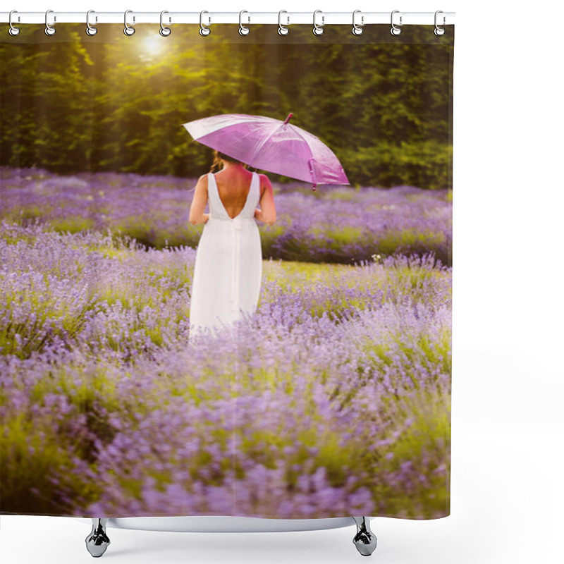 Personality  Beautiful Woman In White Dress With Umbrella Posing Among Lavender Flowers On Field At Sunset Shower Curtains