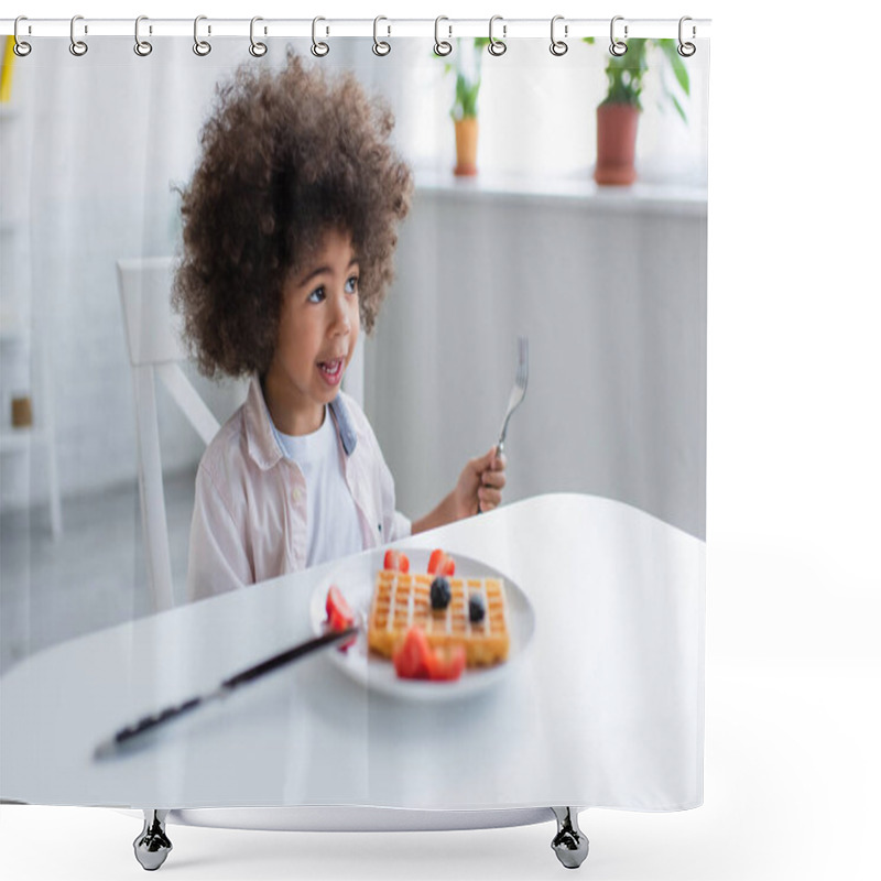 Personality  African American Kid Holding Fork Near Tasty Waffle With Fresh Berries On Plate Shower Curtains